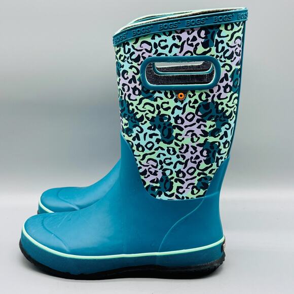 Bogs Boots Youth Girls 3 Blue Leopard Print Waterproof Rain Mid Calf Handles - Picture 4 of 10